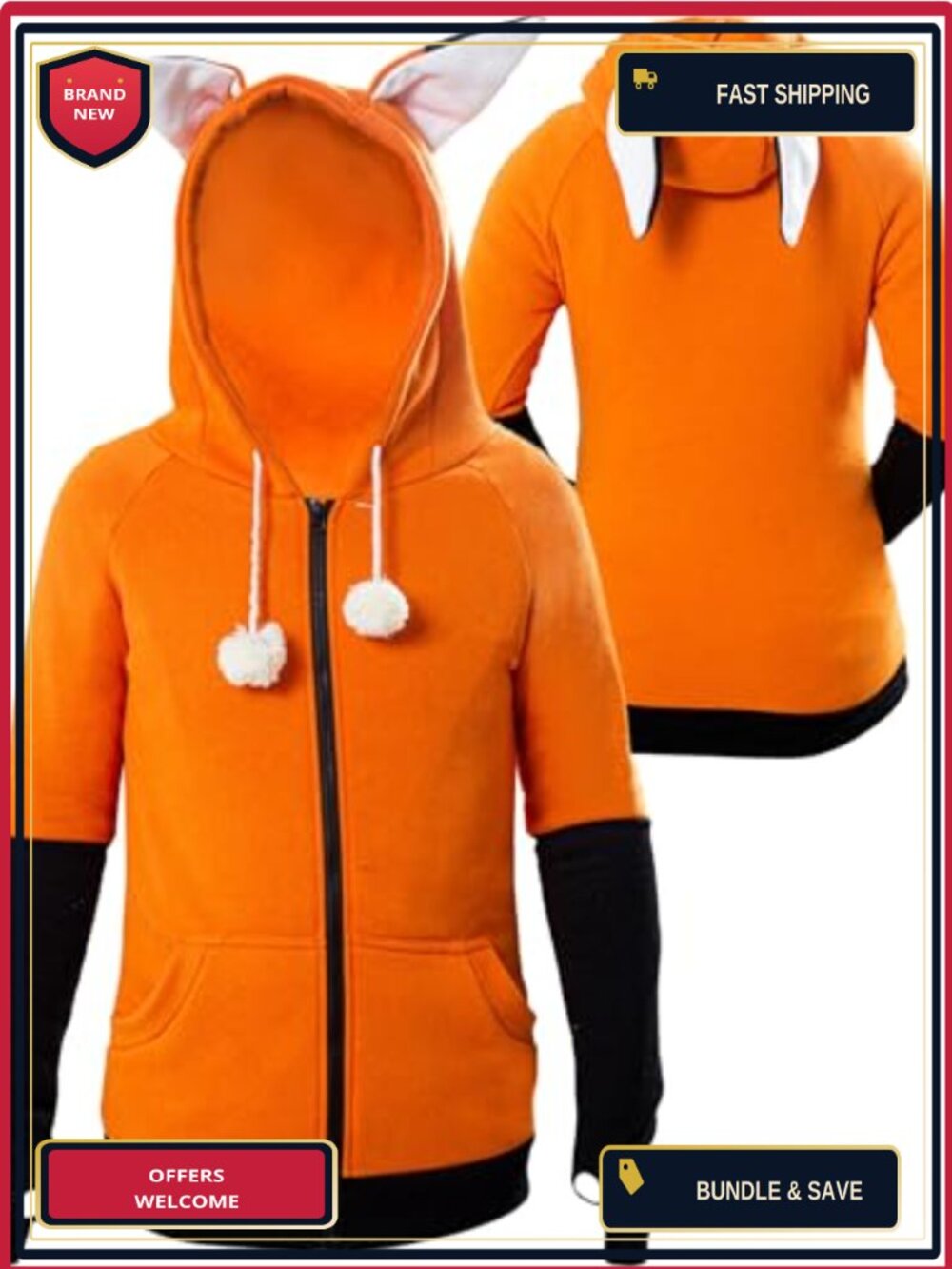 Fleece Fox Hoodie Zipper Ear Hooded Cosplay Costume Sweatshirt